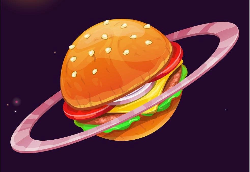 Illustration of a hamburger that looks like a planet.