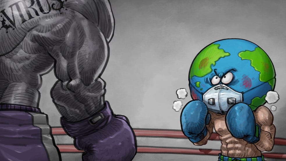 Earth Fighting Corona Virus with a mask on in a boxing ring