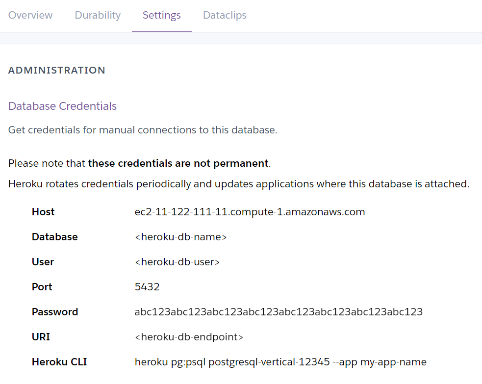 Screenshot of Database Credentials in Heroku