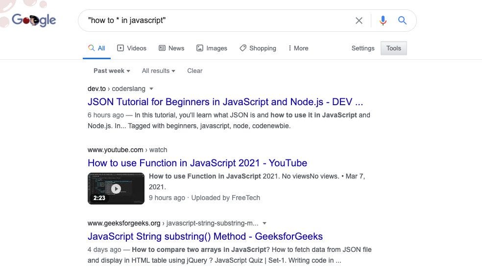 screenshot of Google search using an asterisk as a wildcard in a phrase