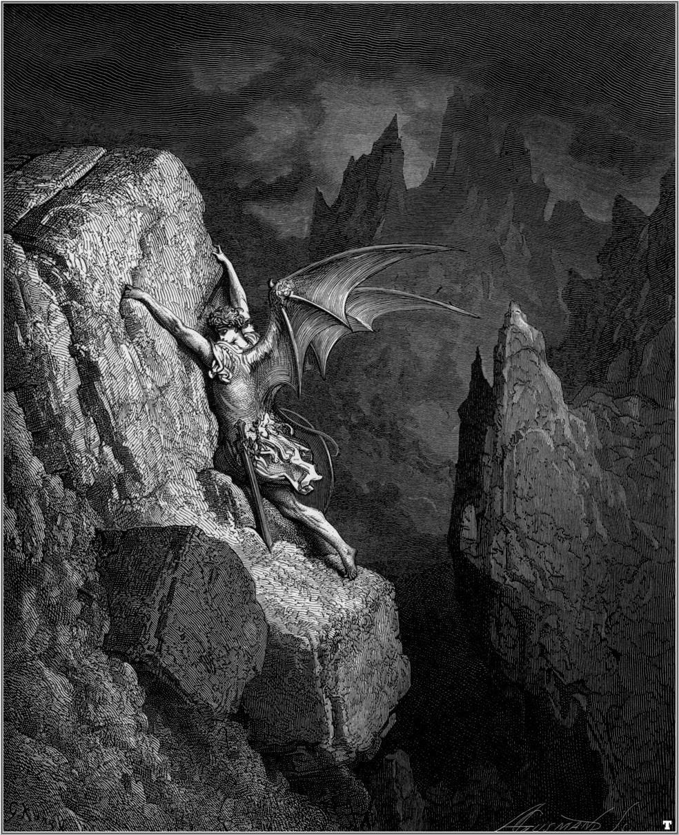 A line-art drawing of a man, dressed as a Roman and carrying a sword at his side, with a serpentine tail and bat-wings. He is clinging to the edge of a cliff in fear, having fallen from a great height.