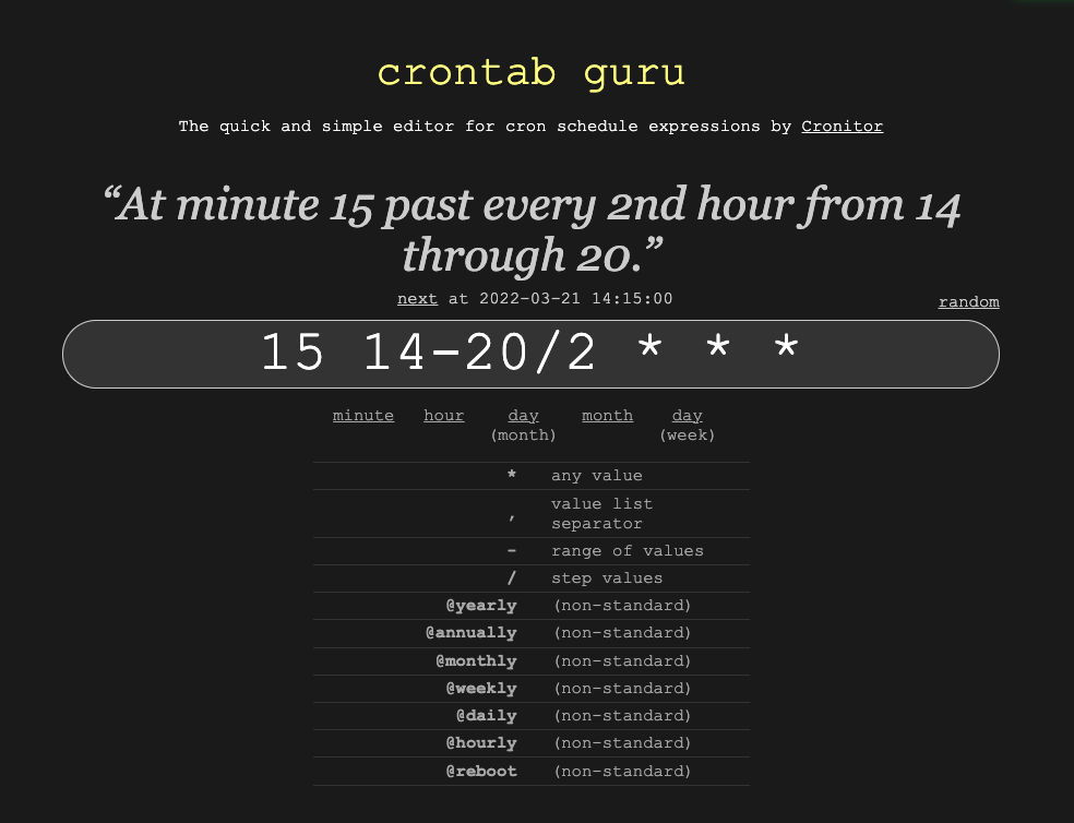 Example of the crontab guru website