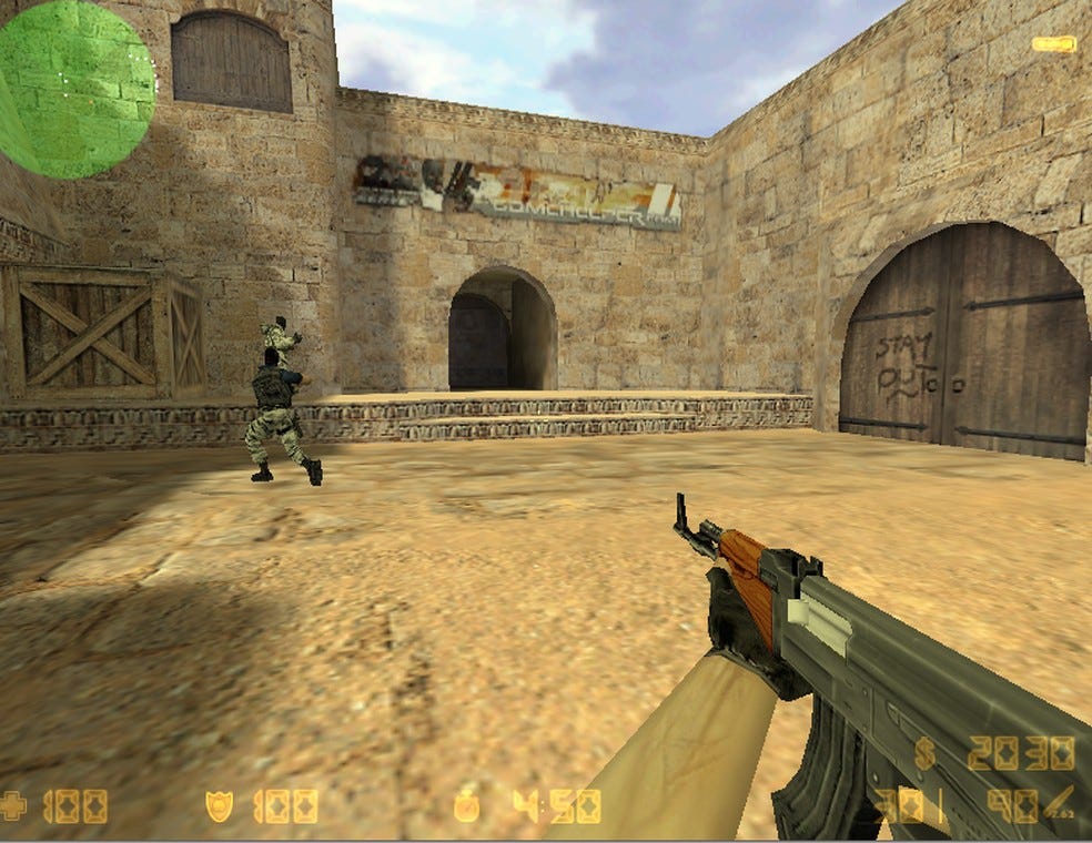 Mapa Dust de Counter Strike mostrando uma arma mirando em um personagem