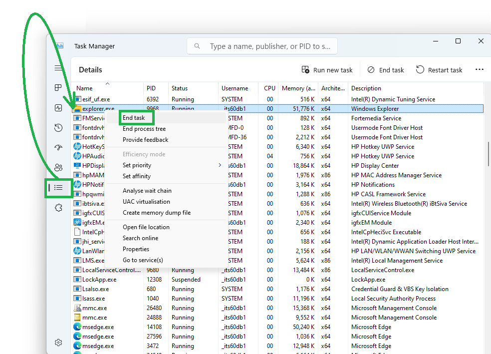 Screenshot of the Windows Task Manager showing how to end explorer.exe process.