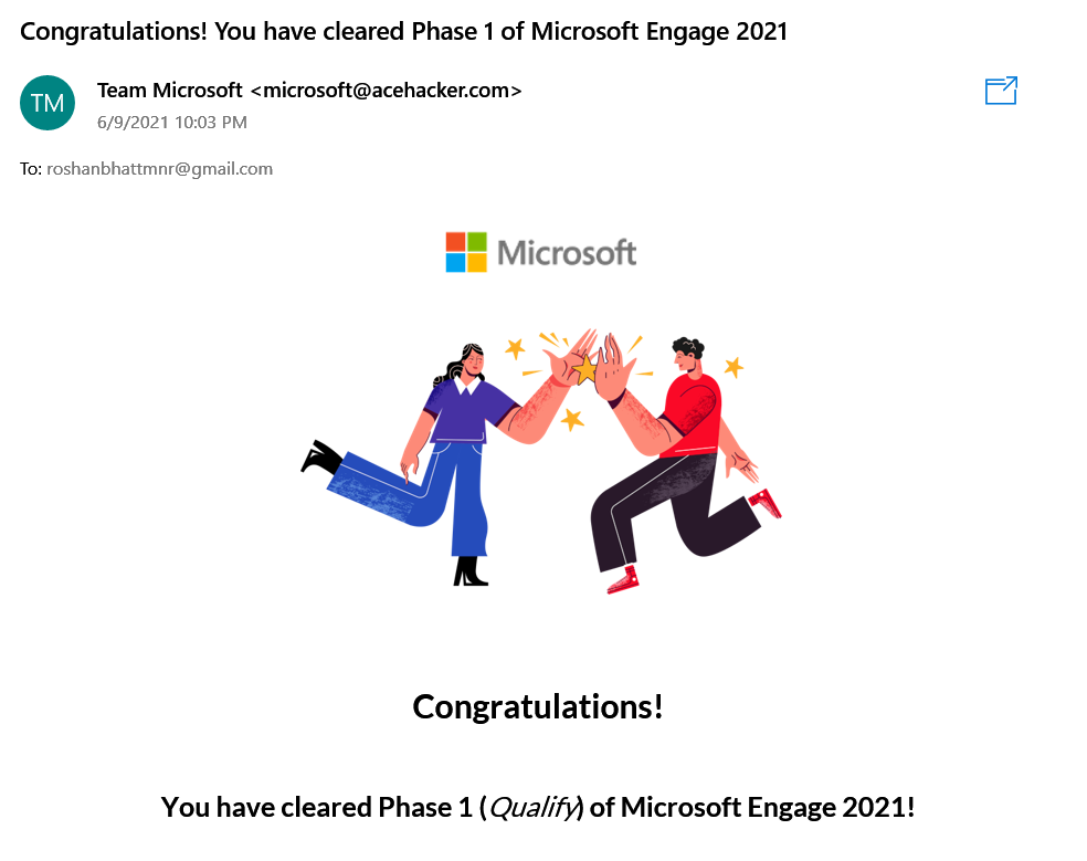 Mail from Team Microsoft with a photo of two people giving high five and congratulations