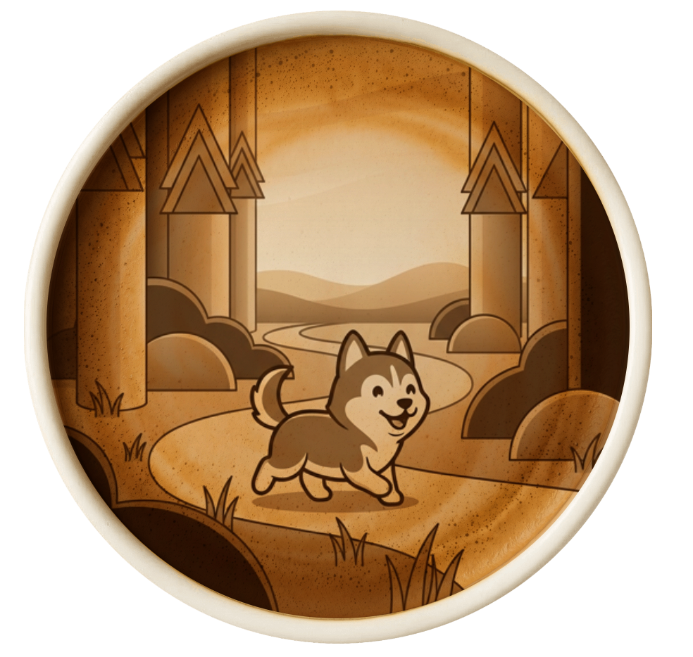 A circular image of a husky walking down a winding path through the woods. The image is Sepia-toned and has blurry rings along the outside that are suggestive of espresso and milk foam.
