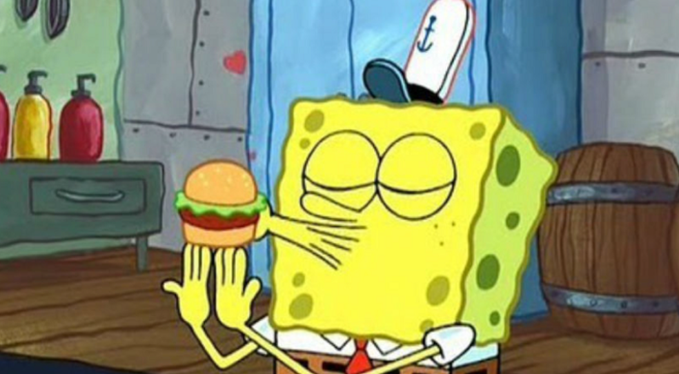 Bob esponja beijando um hamburguer