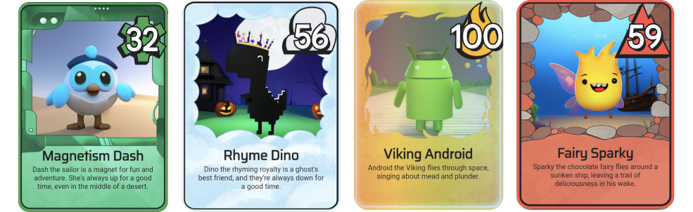 Example I/O FLIP cards featuring Dash, Sparky, Android, and Dino against various backdrops with props.