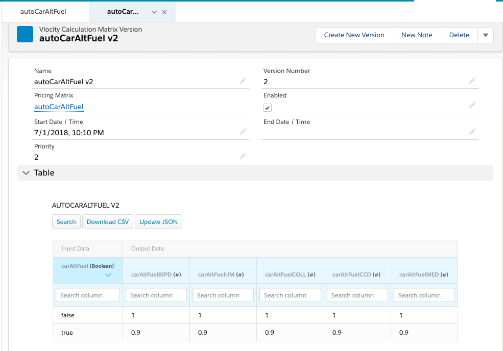 Screenshot of Calculation Matrixes configuration