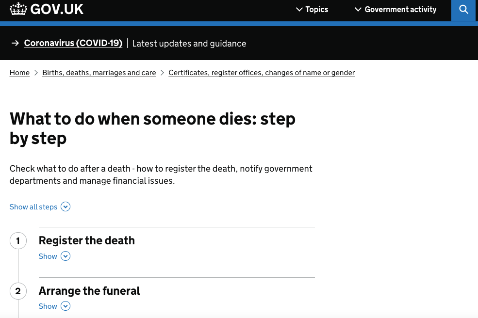 A screenshot of this page on GOV.UK: https://www.gov.uk/when-someone-dies