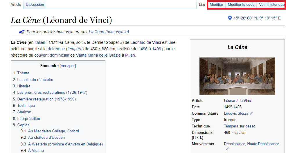 Fig. 2.- Article de Wikipédia: L’encadré rouge indique l’emplacement pour modifier l’article.