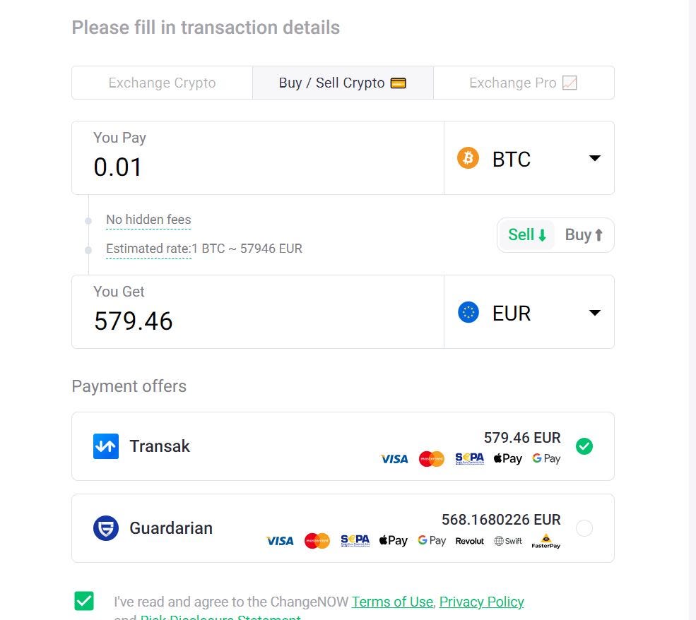 Sell BTC for EURO instantly with ChangeNow