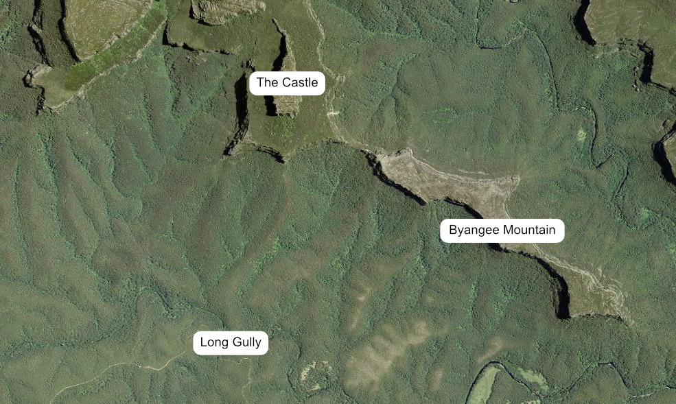 Satellite imagery of Budawang National Park showing the location of Long Gully, The Castle, and Byangee Mountain