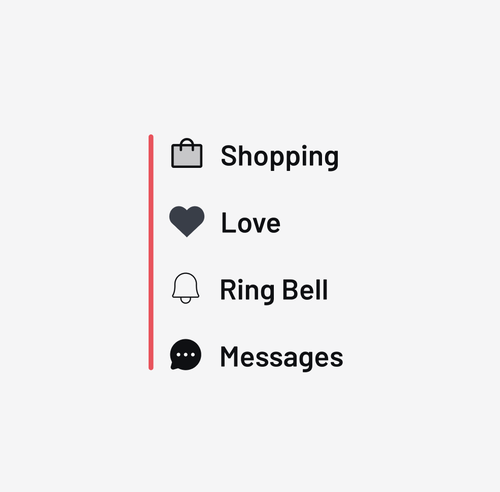 Example of four icons — Shopping (bag), Love (heart), Ring bell (bell), Messages (message bubble with 3 dots).