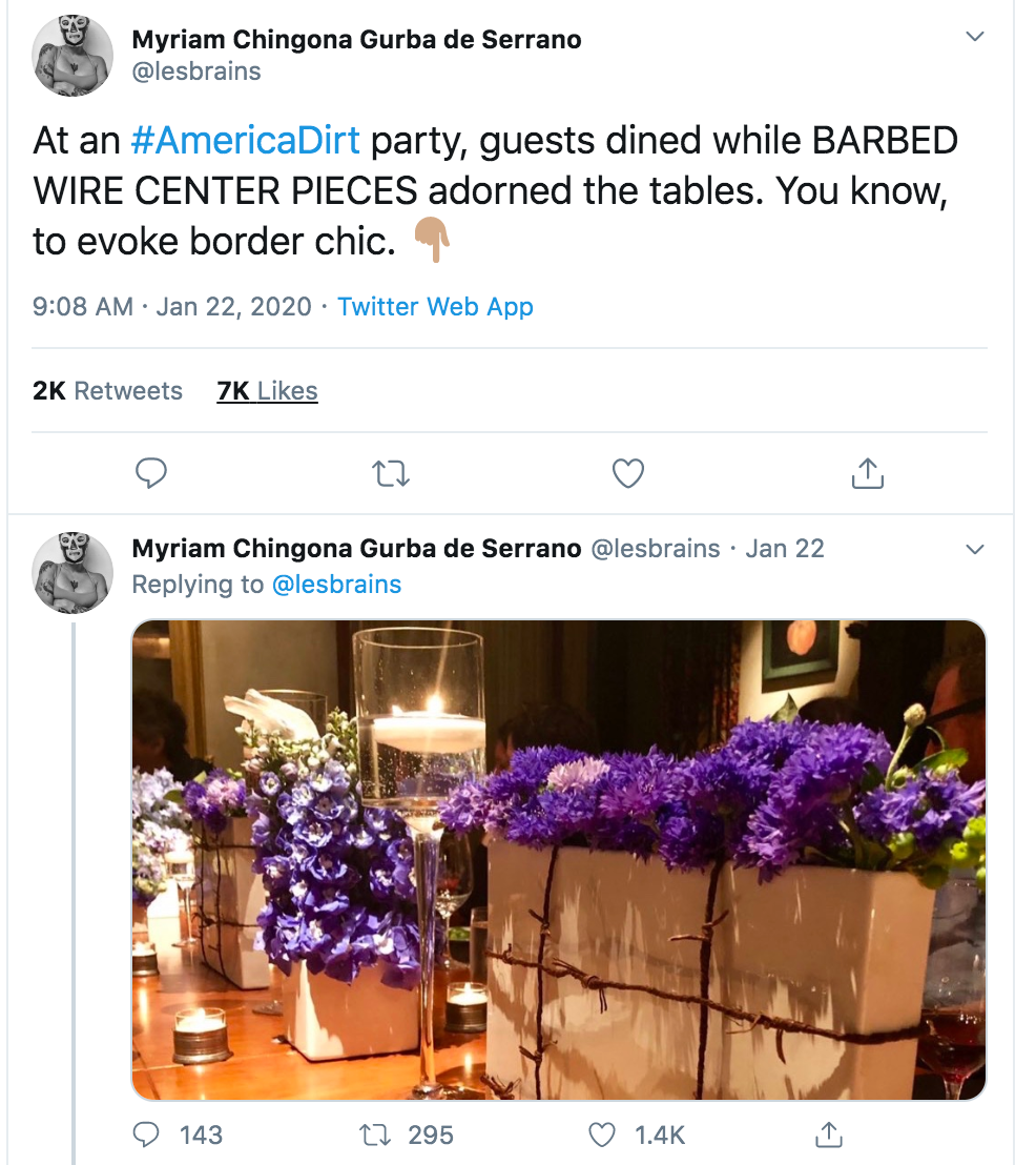 @lesbrains, author of “Mean”, critiques the use of barbed wire table center pieces as “border chic.” https://coffeehousepress