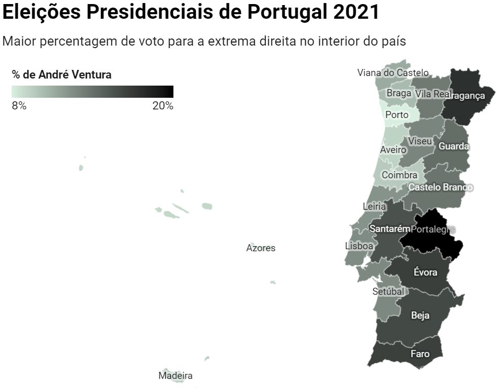 Map showing the % of voters in Portuguese Districts that chose the far-right candidate — by Oliver Carrington & Joao Silva
