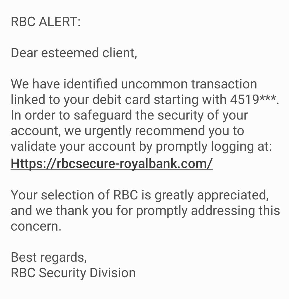 A fake text message from RBC, alerting the user of an uncommon transaction on their RBC account with a link to a fake RBC website.