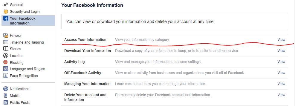 Your Facebook Information > Access Your Information