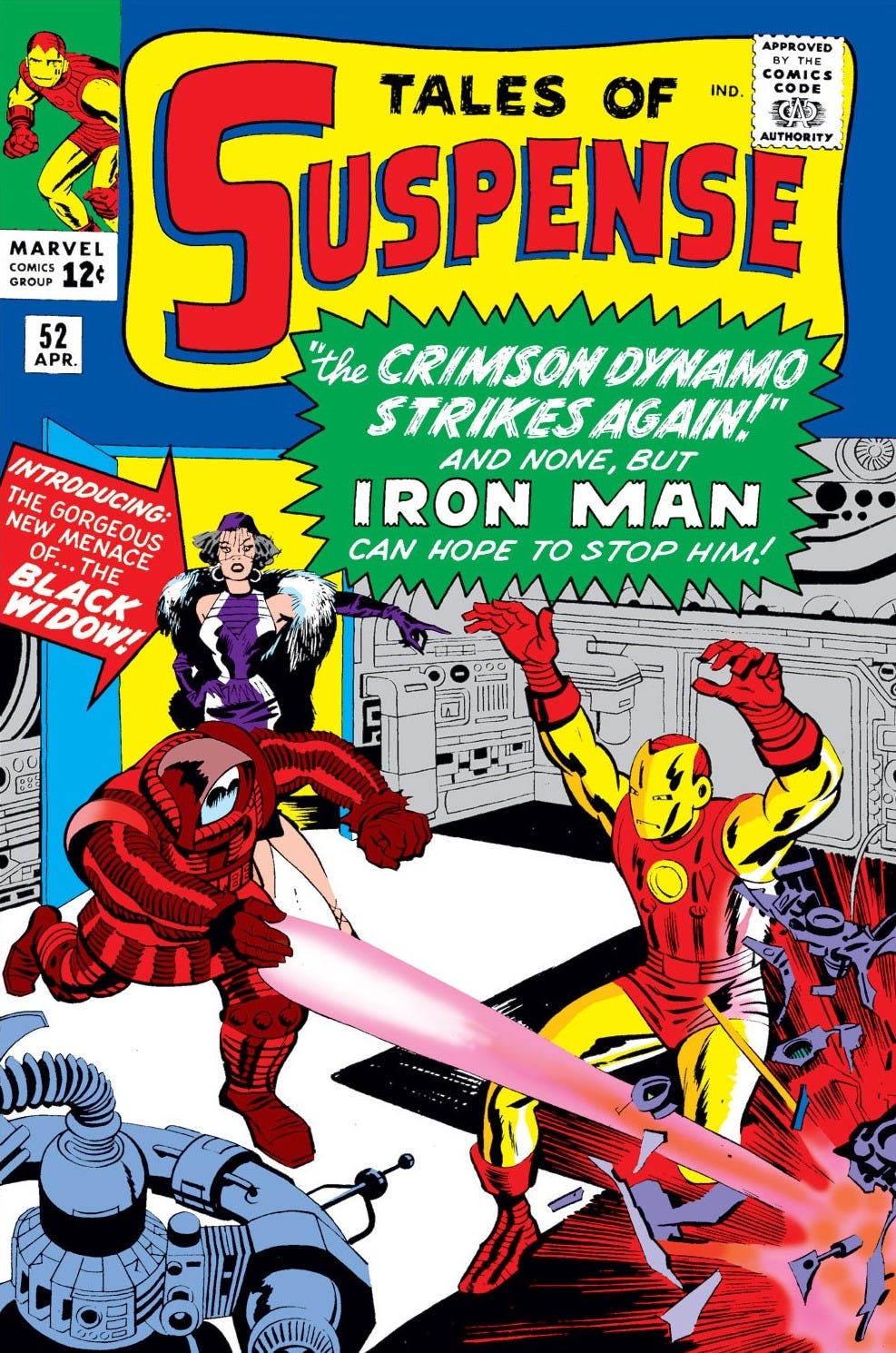 Cover image for the 1964 comics Tales of Suspense #52 showing the first appearance of Black Widow, who wears a purple dress and has black hair. Fighting in the foreground are Iron Man and the Crimson Dynamo.