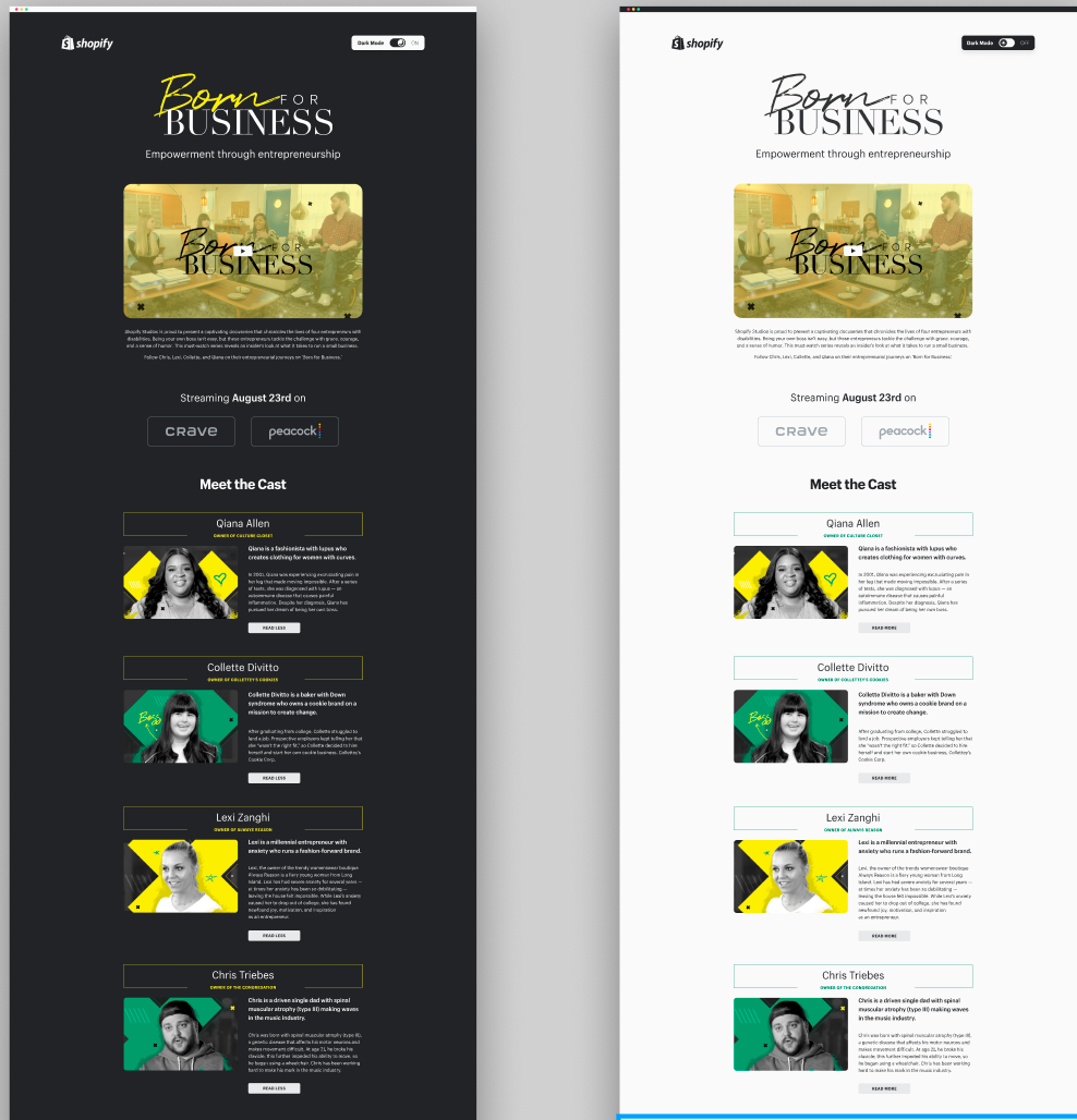 The two versions of the Born for Business landing page are shown in dark and light mode: with a black and white background.