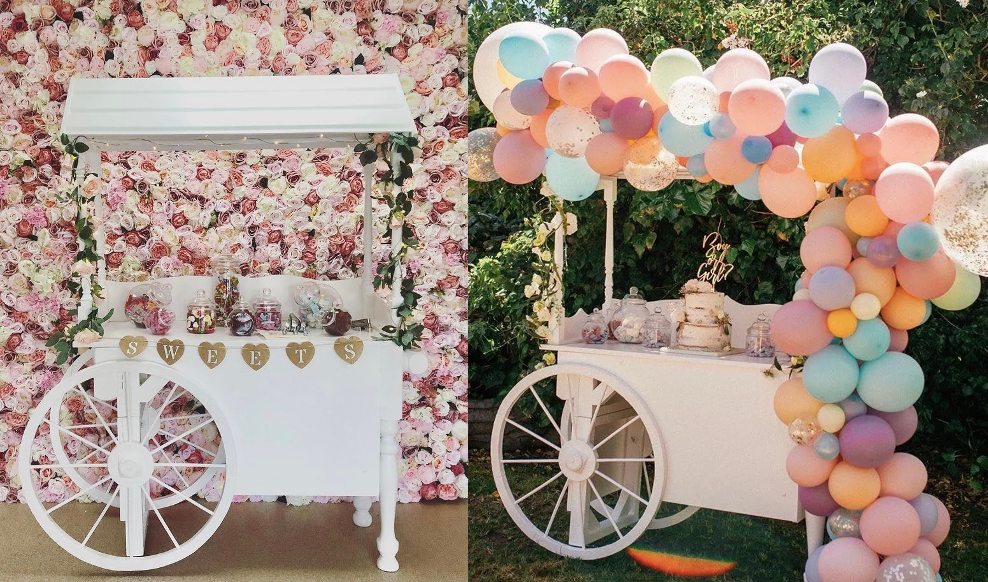 Two images of sweet carts. Left image: sweet cart in front of a pink flower wall. Right image: sweet cart with organic balloon display and cake, with a cake topper that says “Boy or Girl?”