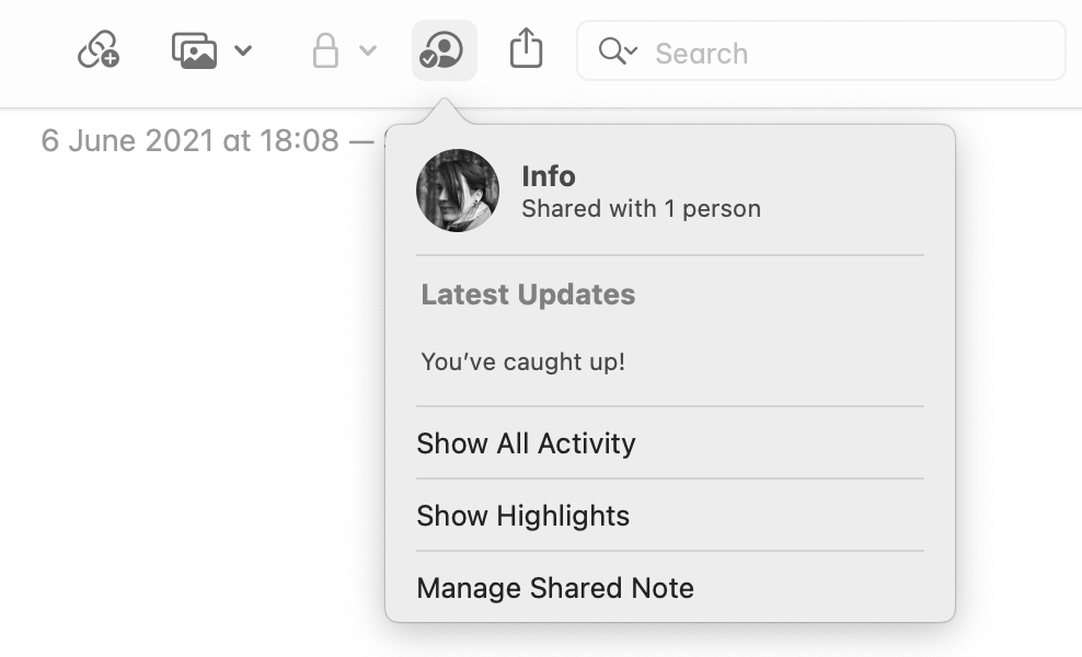 Screenshot of sharing options in Apple Notes.