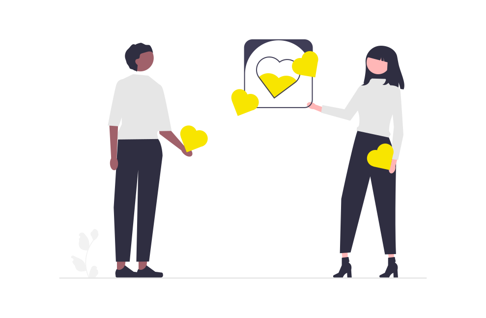A computer graphic of two people standing and facing one another. They are represented as giving mutual love to one another, by pictures of yellow hearts flowing between them.