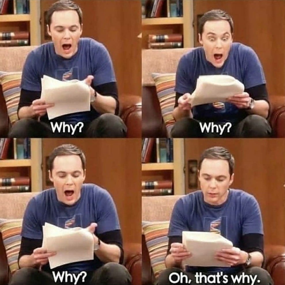 Meme from The Big Bang Theory. Sheldon Cooper is sitting reading a paper and asking “Why?” a lot of times, seems angry. Finally, he reaches the end of the paper and says: “Oh, that’s why.”