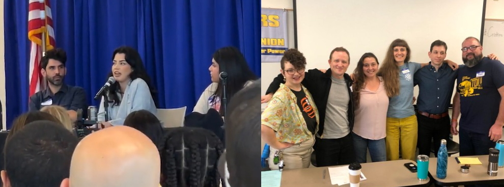 A split image. On the left, Stripper Strike organizer Marian speaks into a microphone with other speakers at either side of her. On the right, a group of panelists pose at the front of a classroom, bearing The Animation Guild, IATSE, and Teamsters for Democratic Union shirts