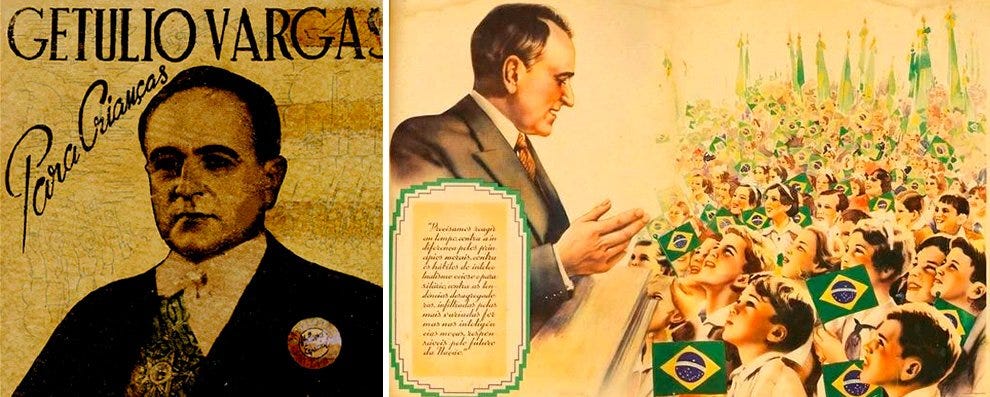 A imagem está dividida em duas seções distintas. À esquerda, capa de livro com retrato de Getúlio Vargas, que pode ser identificado pelo traje, composto por terno e gravata. Seu nome “Getúlio Vargas” aparece em destaque na capa. No lado direito, há uma ilustração representando uma alegre reunião de crianças segurando bandeiras verdes e amarelas, cores que correspondem às da bandeira brasileira. A frase “para Crianças” faz parte da cena, sugerindo foco nas crianças ou jovens no contexto da obra.