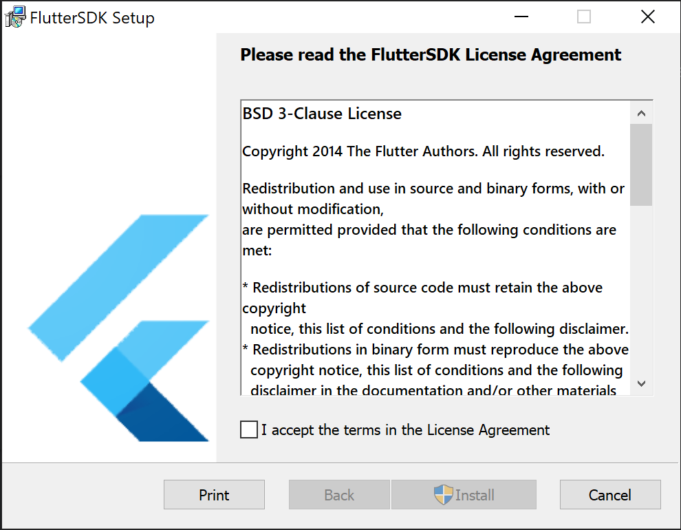 The installation window of Flutter Installer with a License Agreement prompt being displayed.