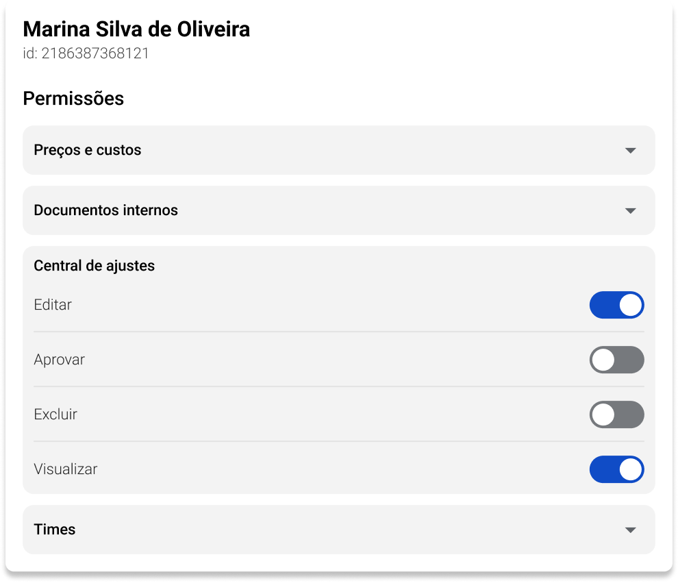 Na imagem, uma experiência de permissionamento com uma lista de 4 itens para atribuir permissões. O terceiro item está aberto, mostrando a possibilidade de permitir acesso à edição, aprovação, exclusão e visualização por meio de switch buttons na modalidade liga/desliga.