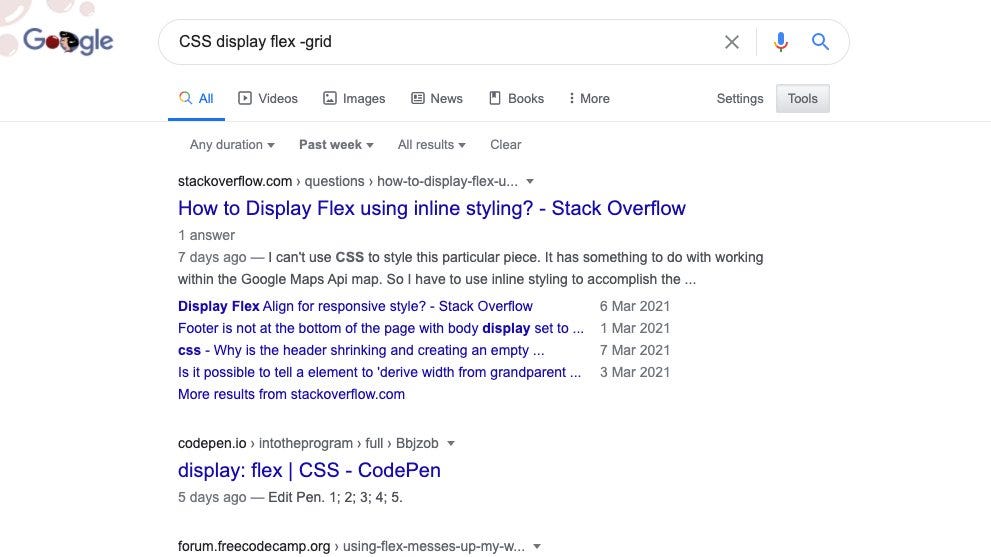 screenshot of Google search using minus sign to exclude a word