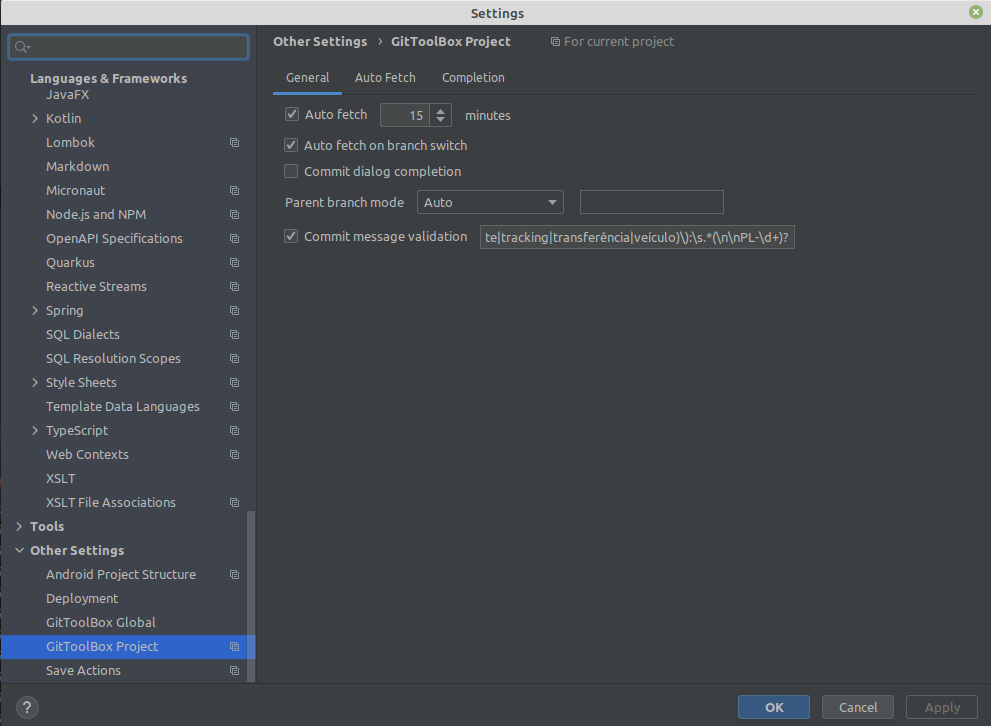 Tela de configuração da GitToolBox