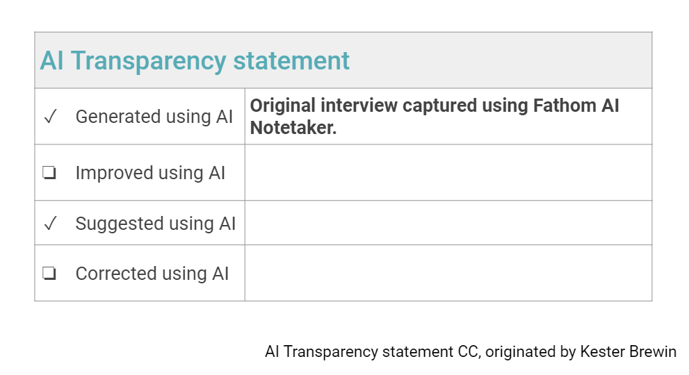 AI transparency statement highlighting that the original interview was captured using Fathom AI Notetaker.