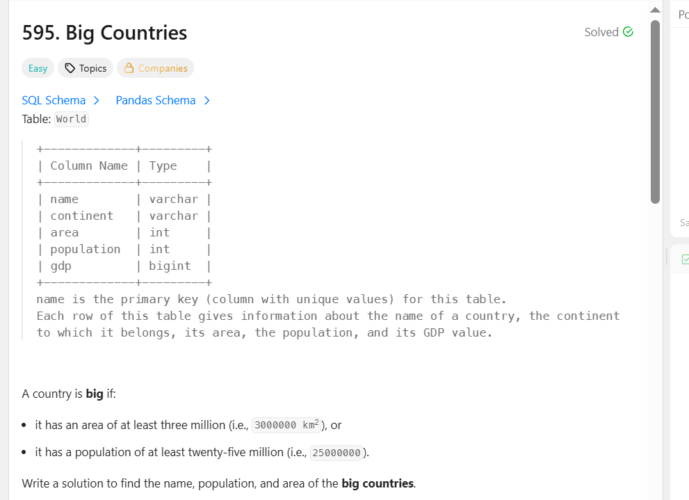 Leetcode 595. Big Countries : PostgreSql