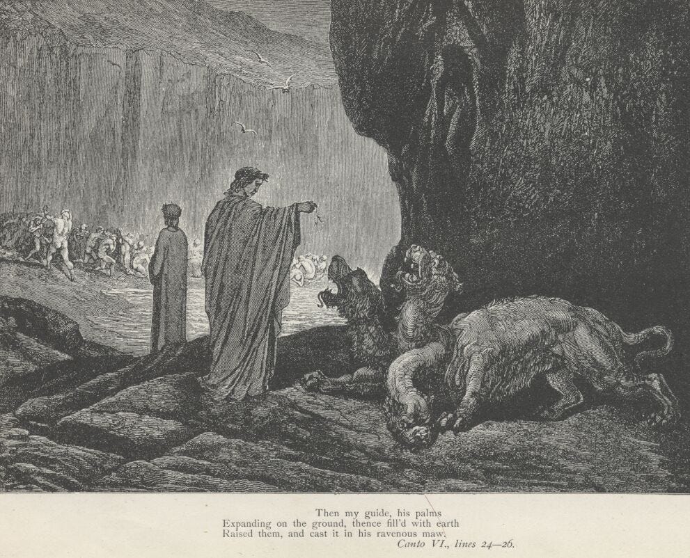 Virgil tricking Cerberus with a handful of mud, Inferno Canto 6, engraving of Gustave Dore.