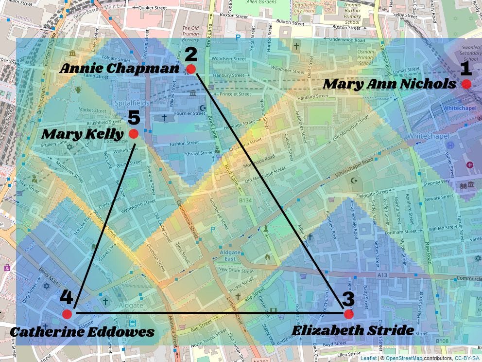 Map of London showing locations of the canonical 5 Jack the Ripper murders