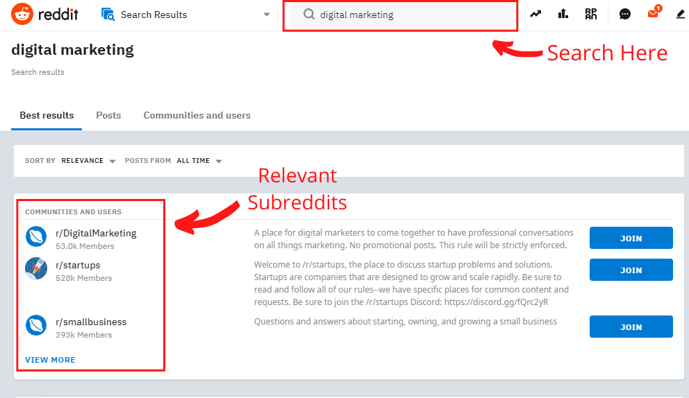 A picture showing how to search in Reddit
