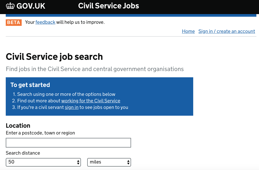 The home page for Civil Service Jobs.