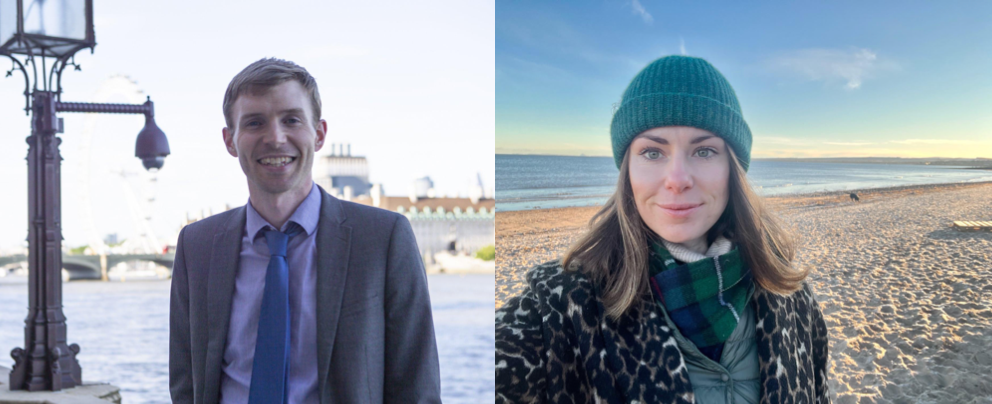 A photo of David, standing in front of the Thames and a photo of Martha, standing on a beach in Edinburgh