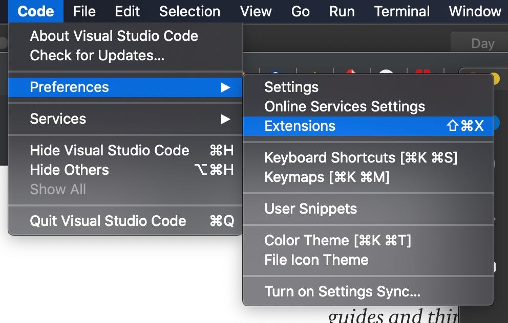 code > preferences > extensions