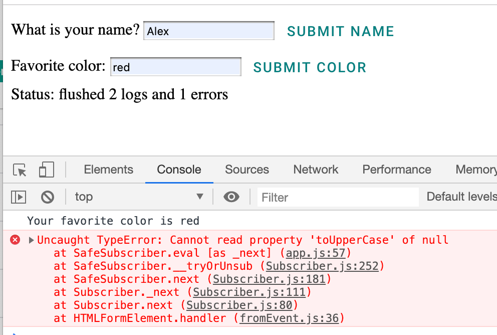 Screenshot of web form and logs in the browser console