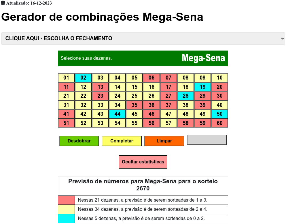 Gerador de combinações para Mega-Sena com previsão de números pela probabilidade do lotocarva.com