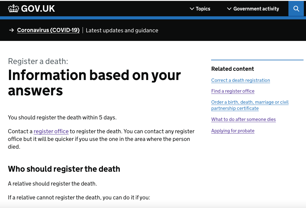 Screenshot of this page on GOV.UK: https://www.gov.uk/register-a-death/y/england_wales/at_home_hospital/yes