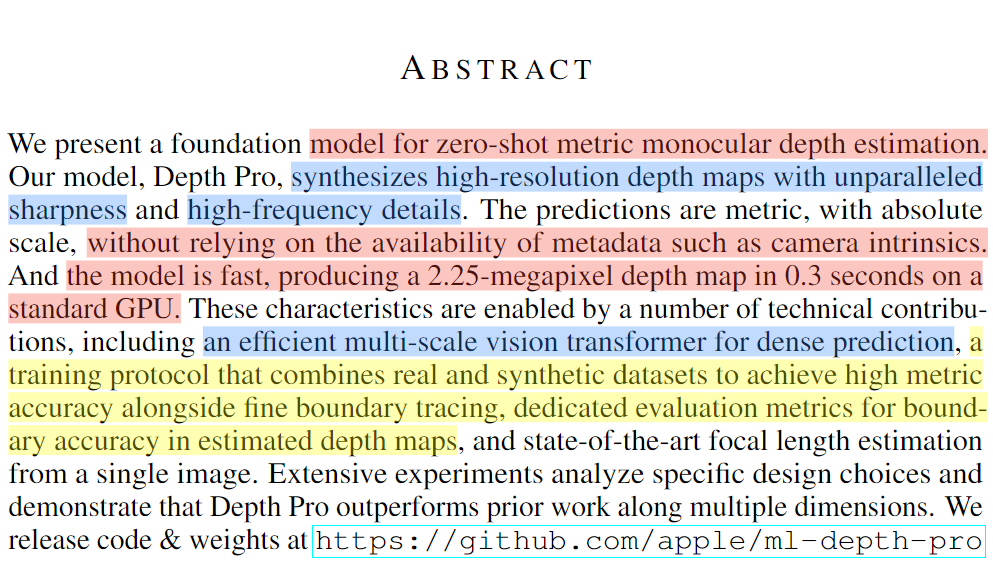 Apple: DEPTH PRO: ShARP Monocular METric DEPTH IN LESS THAN A SECOND