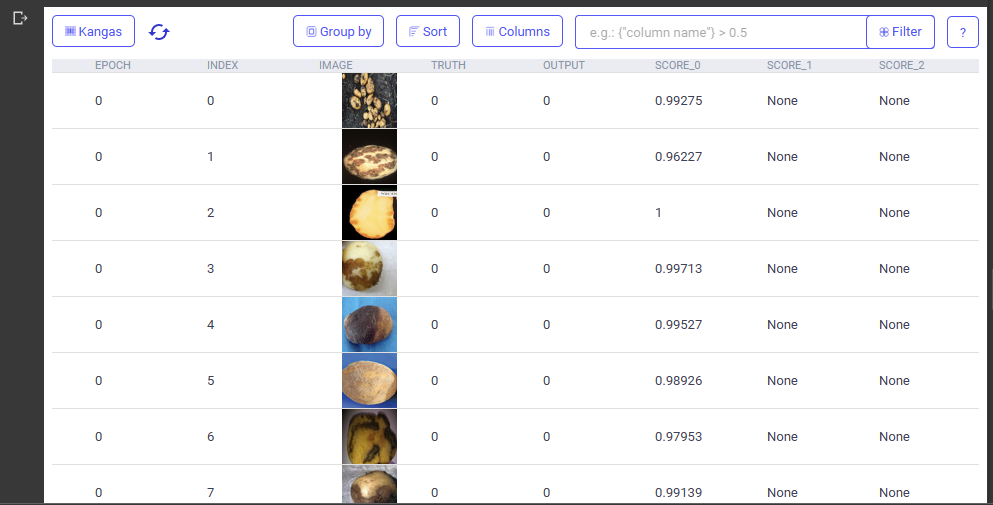 Screenshot of the the potato image dataset loaded as a DataGrid in the Kangas user interface.