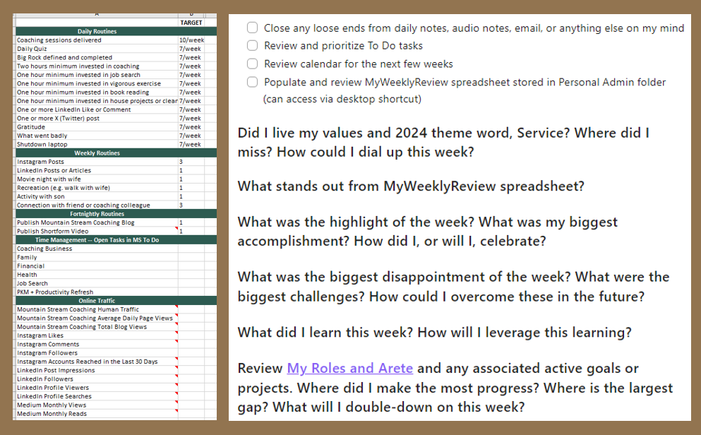 Template for weekly review spreadsheet and Obsidian note