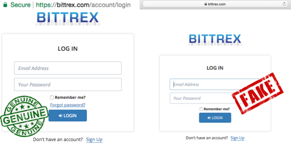 Genuine and fake Bittrex login pages comparison.