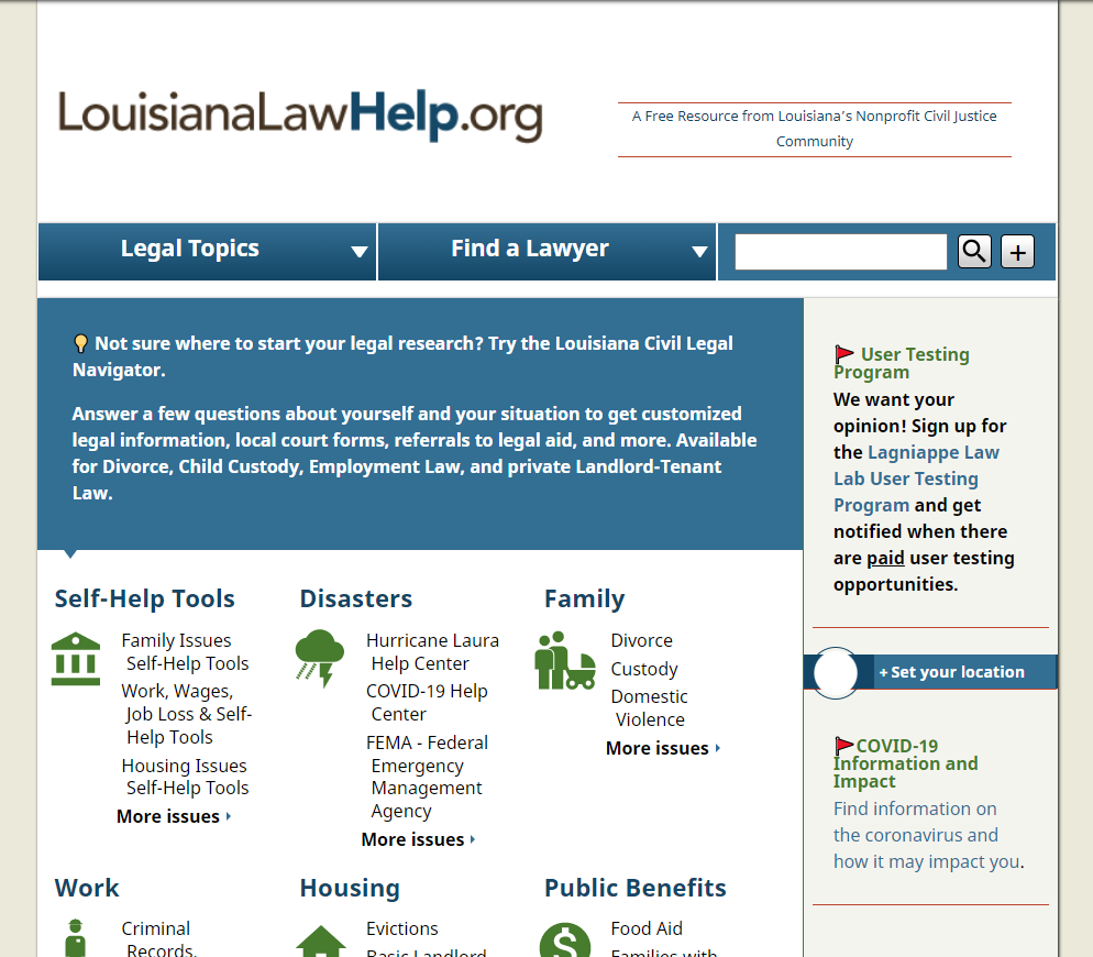 A screenshot of the old LawHelp design on LouisianaLawHelp.org. There is a lot of text, navigation components aren’t very clear, and the legal topics don’t look interactive. The color scheme is outdated and includes lots of beige.